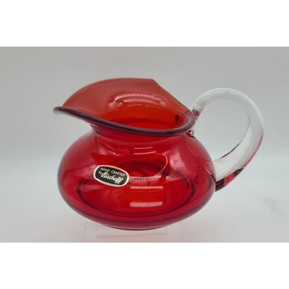 Vintage MCM Bischoff Poinsettia Red Pitcher Blown Glass 1950-60s 3.5" T Sticker - Picture 3 of 9